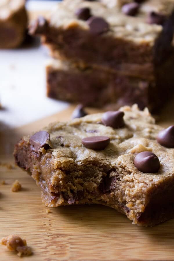 Peanut Butter Blondies. Fudgy, chewy peanut butter blondies filled with chocolate chips.