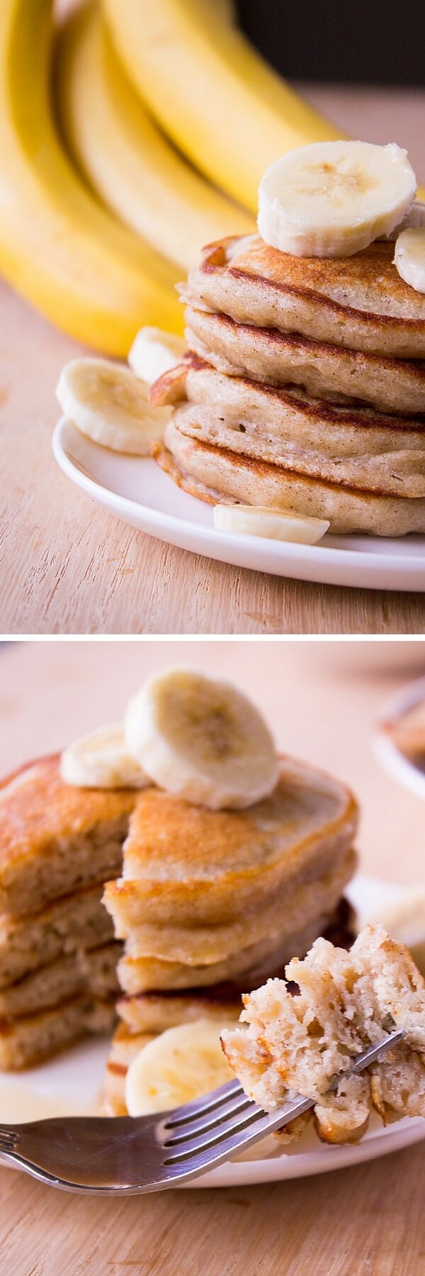 Light & Fluffy Banana Pancakes. These are like banana bread in pancake form. Super moist, filled with vanilla & cinnamon flavor - Start your morning with this easy recipe! www.justsotasty.com