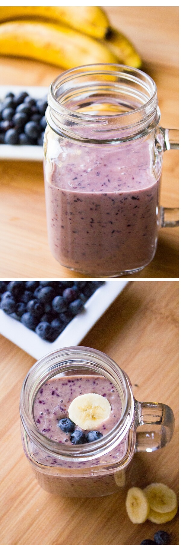 Blueberry Banana Smoothie! Thick & creamy, tastes delicious & totally healthy - have this smoothie for an on-the-go breakfast or healthy snack! www.justsotasty.com