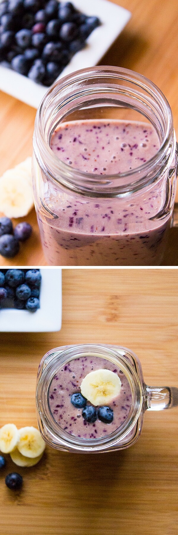 Blueberry Banana Smoothie. Thick & creamy, tastes delicious & totally healthy - have this smoothie for an on-the-go breakfast or healthy snack! www.justsotasty.com