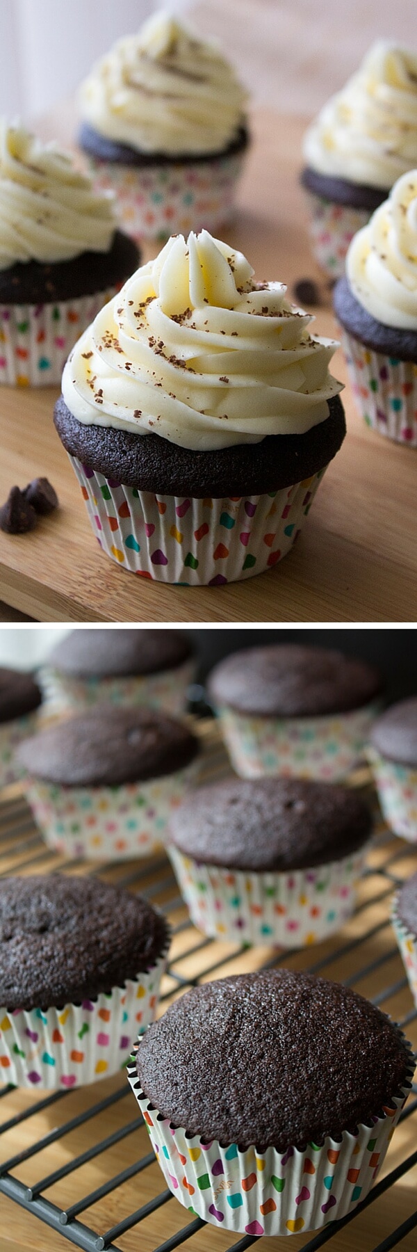 Chocolate Cupcakes with Cream Cheese Frosting. Super moist chocolate cupcakes are made even better by frosting them with thick & creamy cream cheese buttercream! www.justsotasty.com