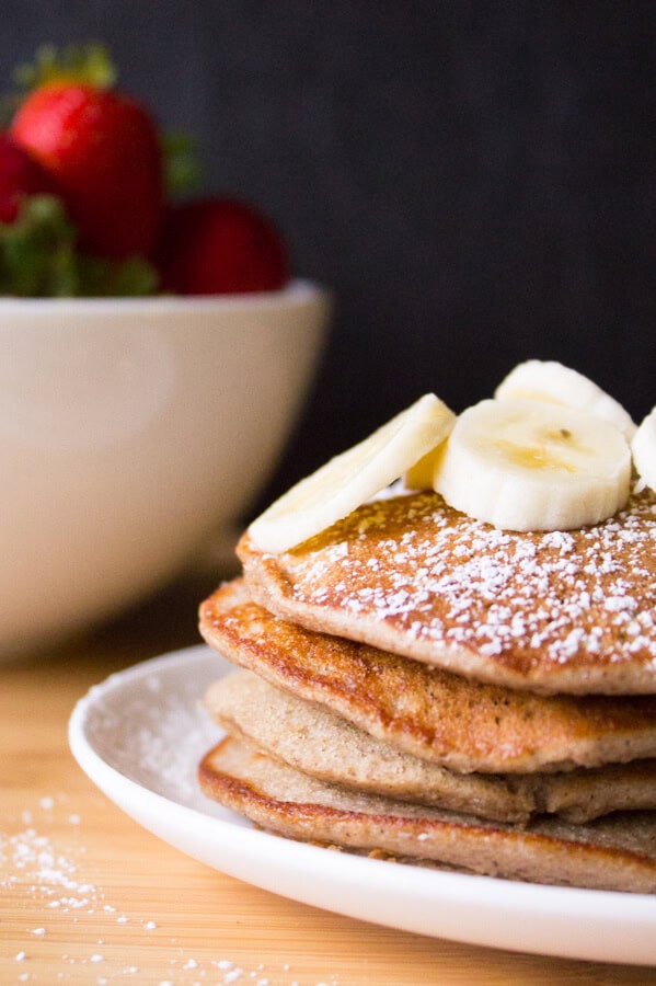 Skinny Banana Pancakes that are gluten free, dairy free, have no refined sugars & taste completely delicious! Give this easy recipe a try