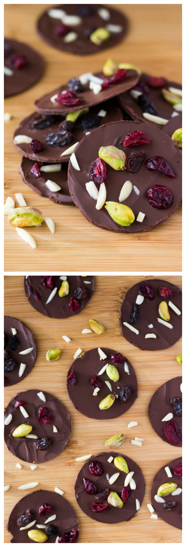 Delicious Dark Chocolate Fruit & Nut Clusters with pistachios, almonds, dried cranberries and raisins. Ready in minutes and so pretty, they make a great gift too!