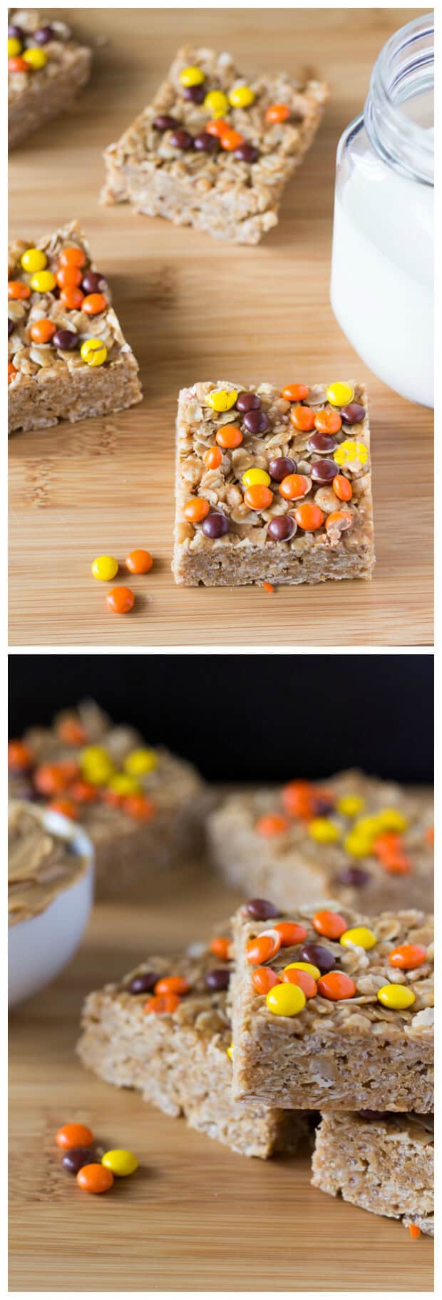 Make these super easy & super delicious Peanut Butter Granola Bars. Topped with Reese's Pieces - kids & adults will love these treats. 