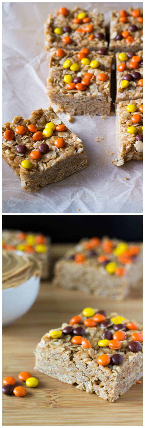 Make these super easy & super delicious Peanut Butter Granola Bars. Topped with Reese's Pieces - kids & adults will love these treats. 
