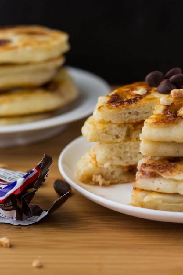 Super fluffy, diner-style pancakes filled with Snickers bars. Because clearly - you can't go wrong with pancakes and your favorite candy bar. 