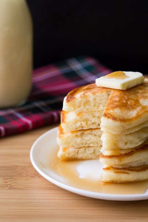 These thick, fluffy Eggnog Pancakes are perfect for holiday breakfasts. Don't wait til Christmas for these delicious pancakes! www.justsotasty.com