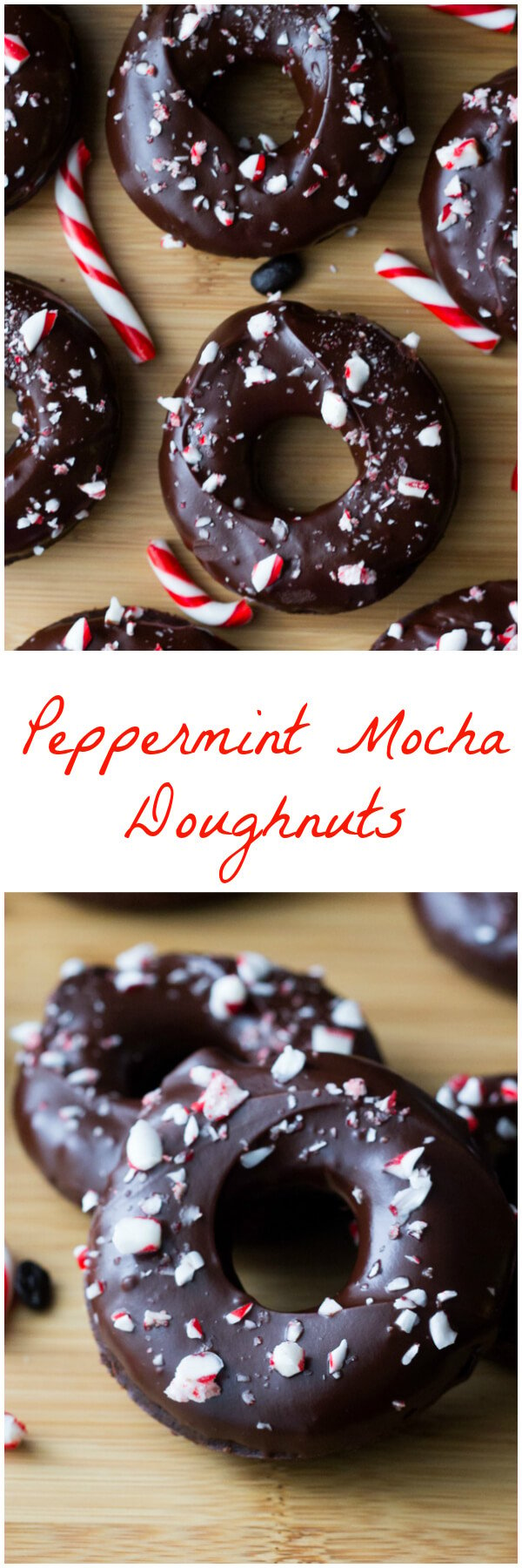 Fudgy, chocolate-y Peppermint Mocha Doughnuts dipped in a rich mocha glaze & sprinkled with crushed candy canes - You NEED to make these!