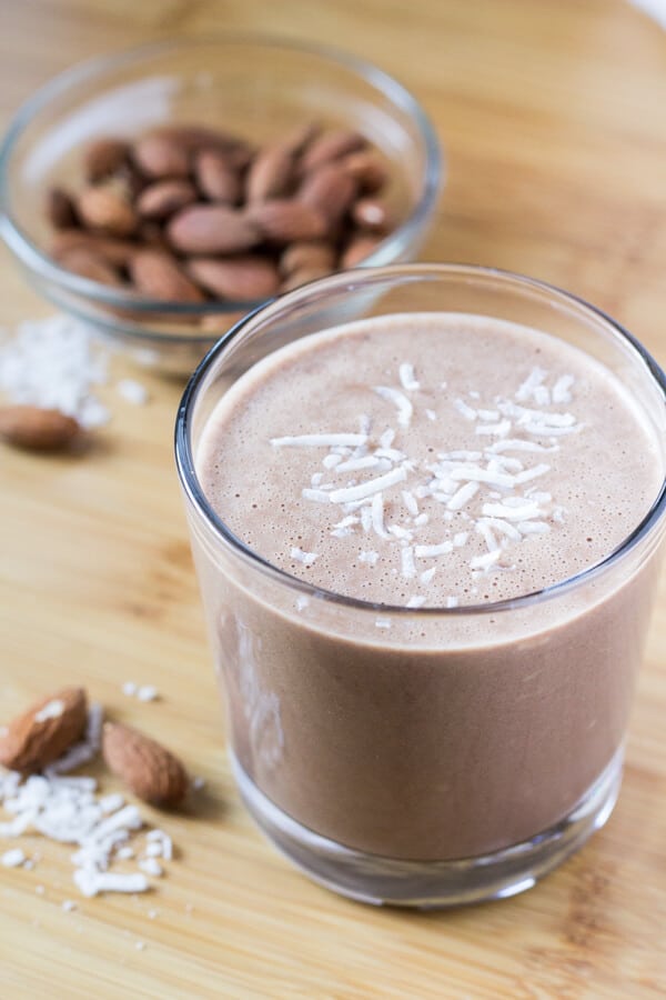 Chocolate, almonds & coconut come together in this deliciously healthy breakfast shake. Plus - it's dairy free, sugar free, gluten free & vegan. www.justsotasty.com