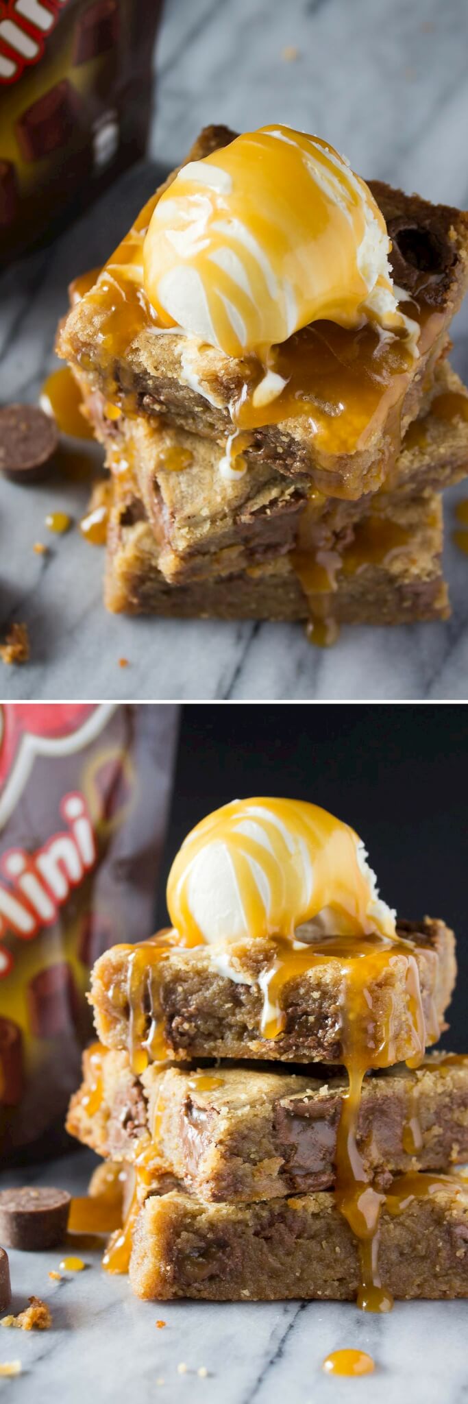Fudgy, gooey Peanut Butter Caramel Blondies. Because with lots of peanut butter, Rolo candies, caramel sauce, no mixer & only 1 bowl - you need to make these!