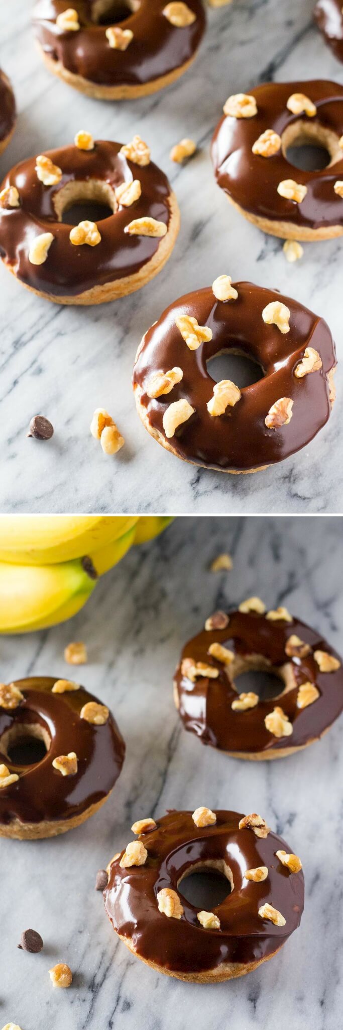 Banana Doughnuts with Chocolate Glaze - Baked not fried with big banana bread flavor & so perfect for breakfast!