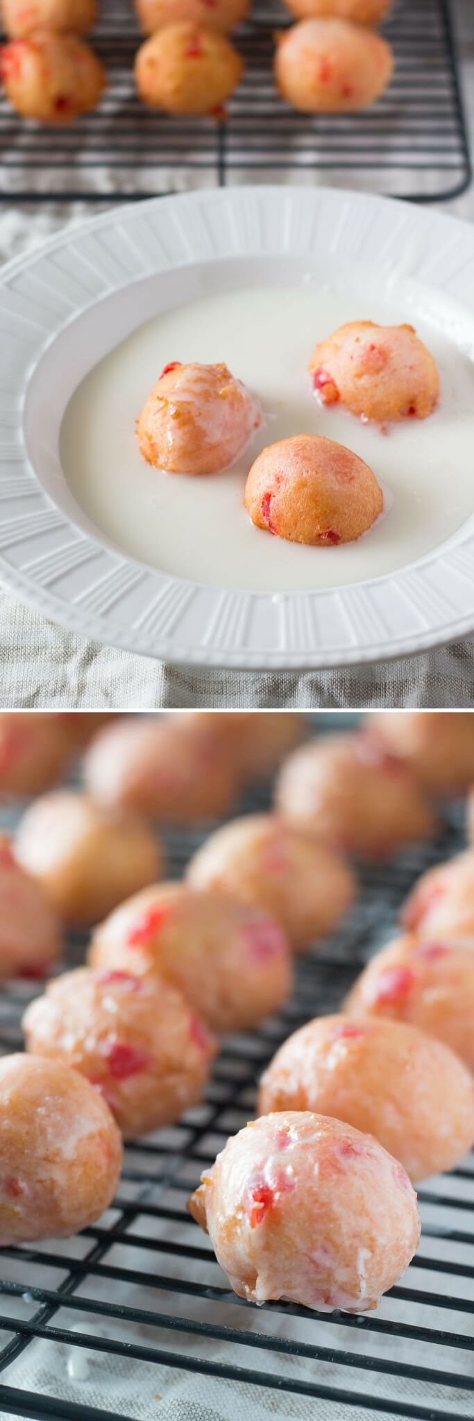 Cherry Doughnut Holes made from scratch! Delicious cake doughnut texture, perfectly pink in color & dripped in sweet glaze. You NEED to make these!