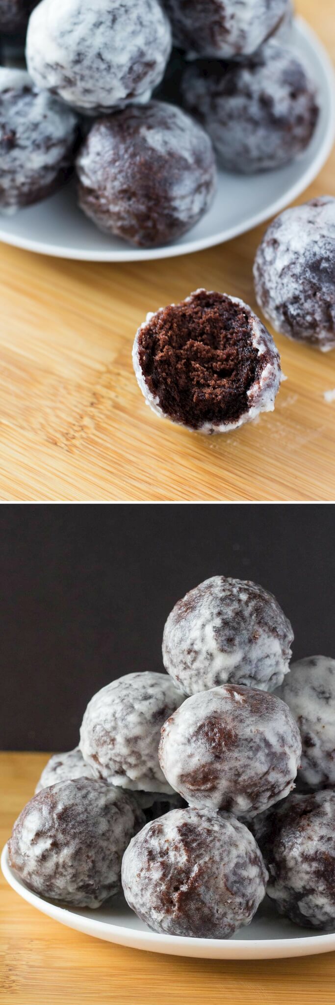 Perfectly fudgy Chocolate Doughnut Holes dipped in sweet vanilla glaze! Fluffy, oh so moist & so much better than the doughnut shop! www.justsotasty.com