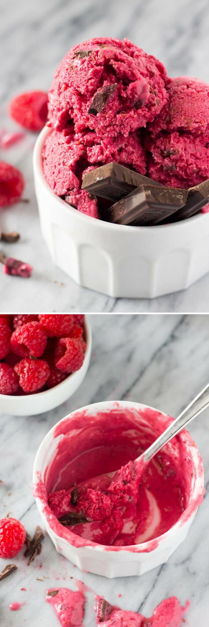 Cold, creamy Dark Chocolate Raspberry Frozen Yogurt. Only 5 minutes, 4 ingredients, with no refined sugars & made without an ice cream maker - it's so easy and so delicious!