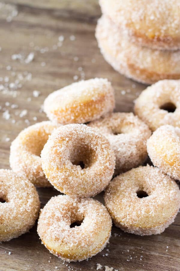 Mini Cinnamon Sugar Doughnuts just like the fair! With golden edges, a delicious coating of cinnamon sugar, and baked instead of fried - these are the PERFECT copycat recipe!
