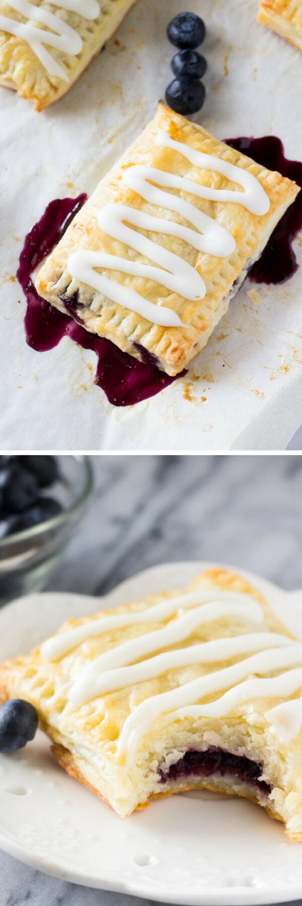 Buttery, flaky homemade blueberry toaster strudels with juicy blueberry centers and sweet vanilla glaze. 1000 times better than the store bought variety - learn to make them at home!
