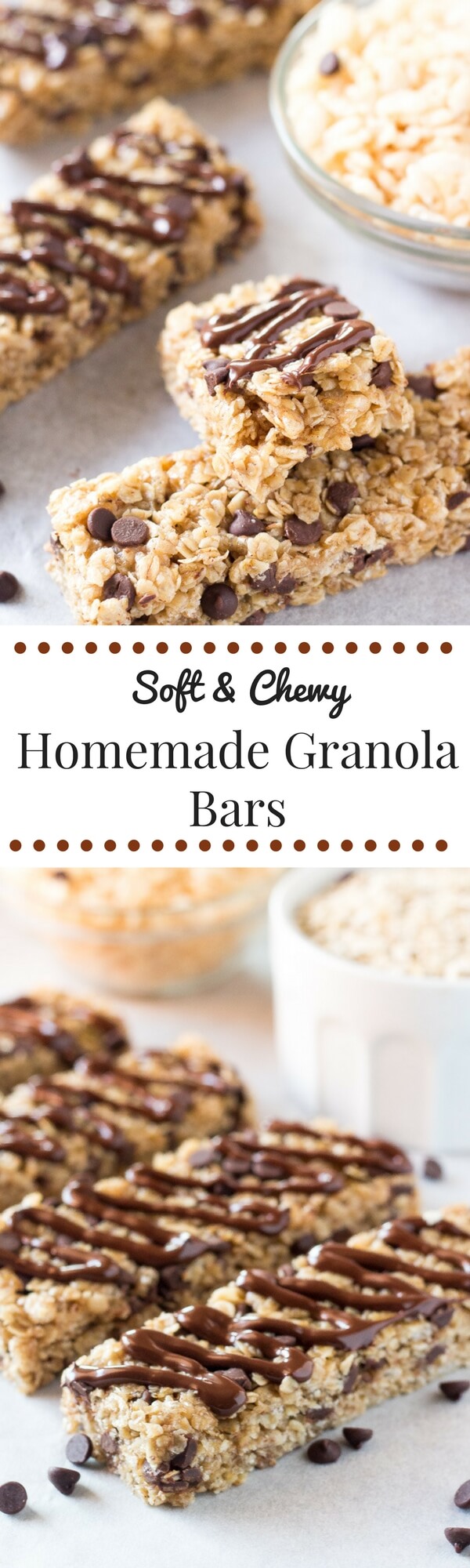 Soft & chewy, no bake Homemade Granola Bars with chocolate chips and chocolate drizzle. This peanut free granola bar recipe is so easy and so perfect for back to school!