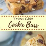 In between a blondie & a cookie - these Triple Chip Cookie Bars are fudgy, chewy, filled with chocolate chips. Made in one bowl with no mixer,