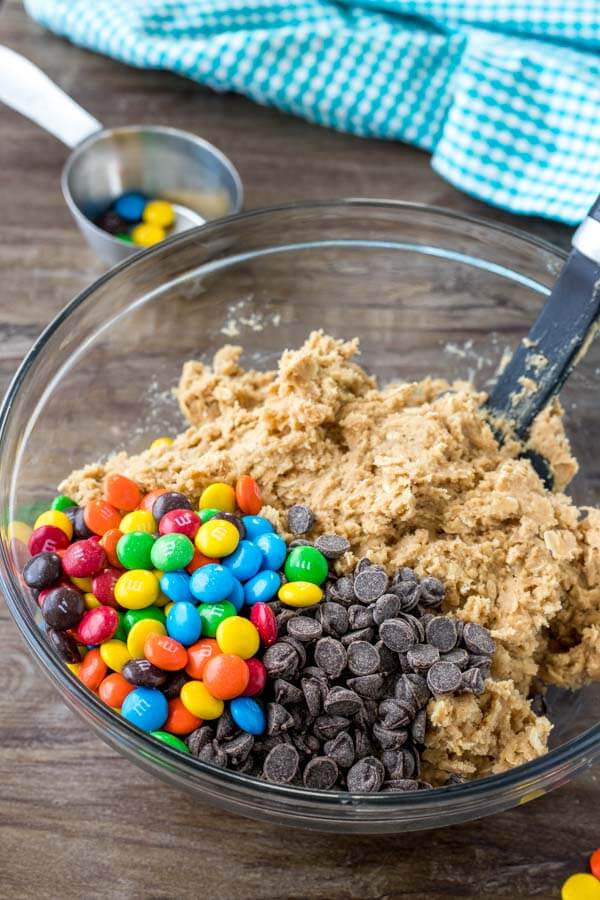 A bowl of monster cookie bar dough, right before the M&Ms and chocolate chips are mixed in. 