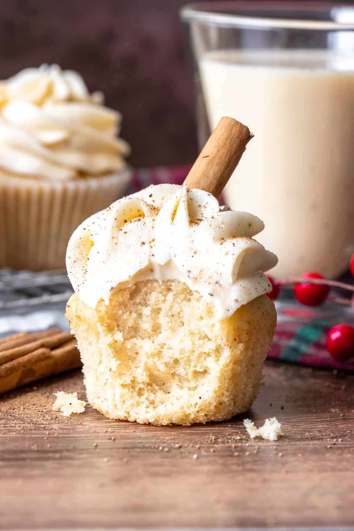 Eggnog cupcake with a bite taken out