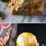 Fudgy, gooey Peanut Butter Caramel Blondies. These are filled with peanut butter, rolo candies & such a delicious, decadent treat!