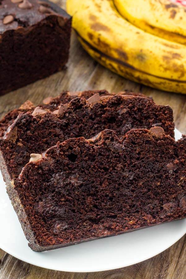 Chocolate banana bread is moist & tender with a delicious chocolate banana flavor and tons of chocolate chips.
