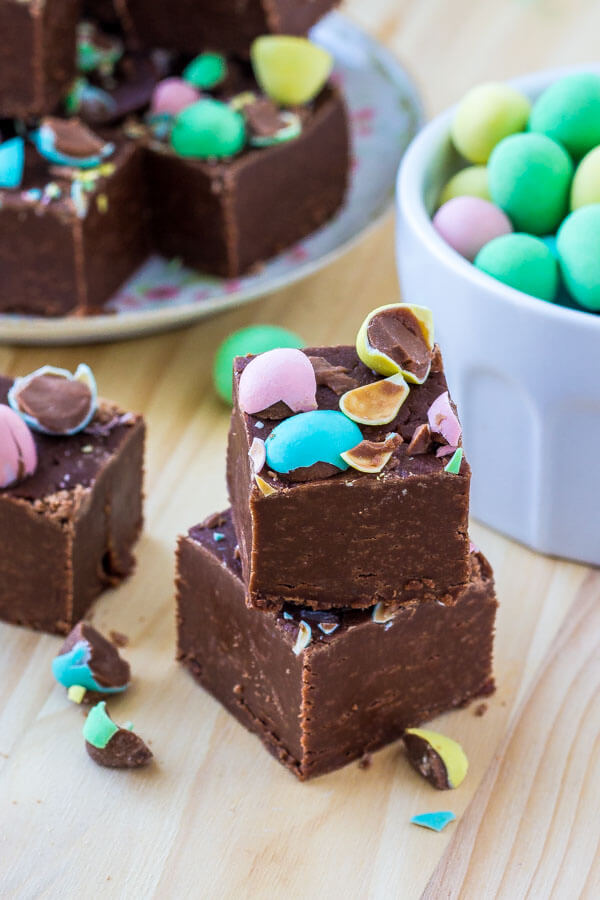 Chocolate fudge sprinkled with miniature eggs - perfect for Easter.