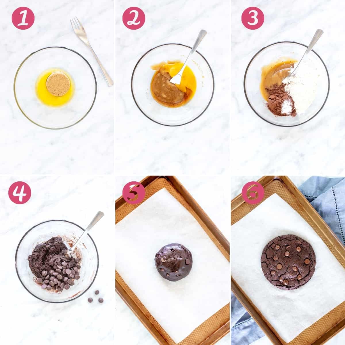 Collage of 6 photos of how to make a single serving chocolate cookie