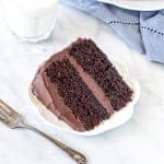 Slice of chocolate cake with chocolate buttercream.
