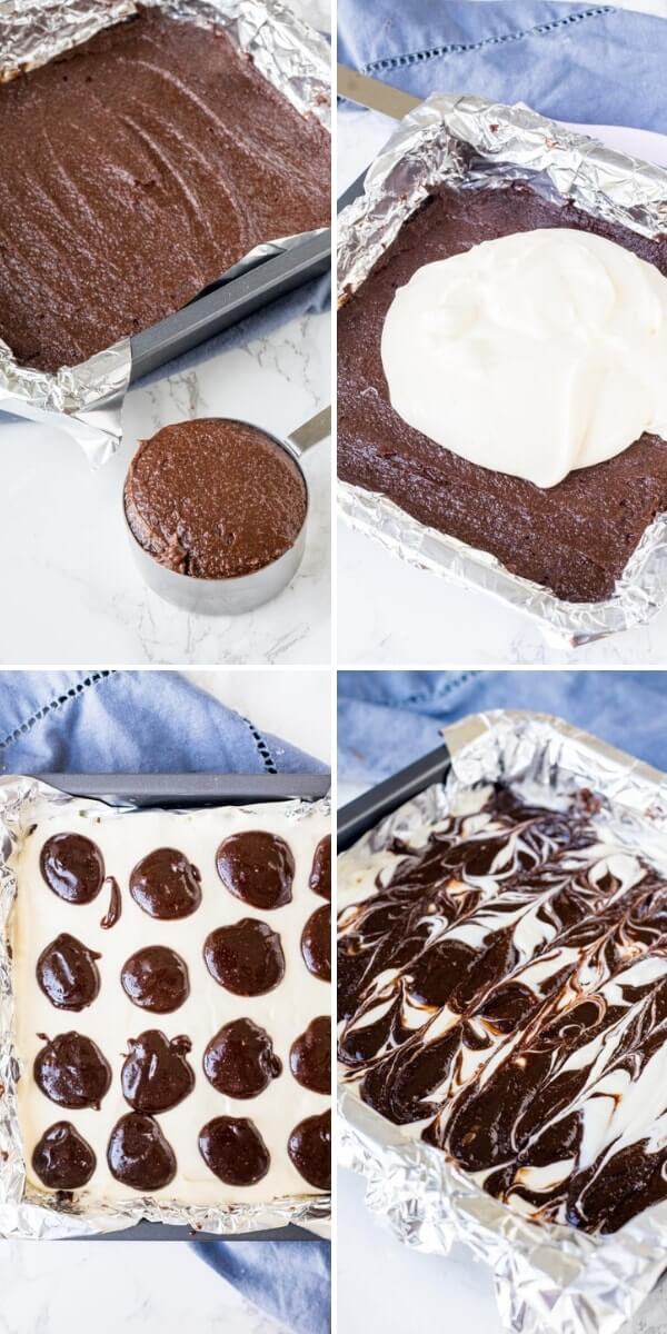 Collage showing 4 steps of how to assemble cream cheese brownies to create the swirl look on top. 