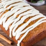Pumpkin Bread with Cream Cheese Glaze. Soft, moist & filled with vanilla & spices - this pumpkin bread is perfect for fall!