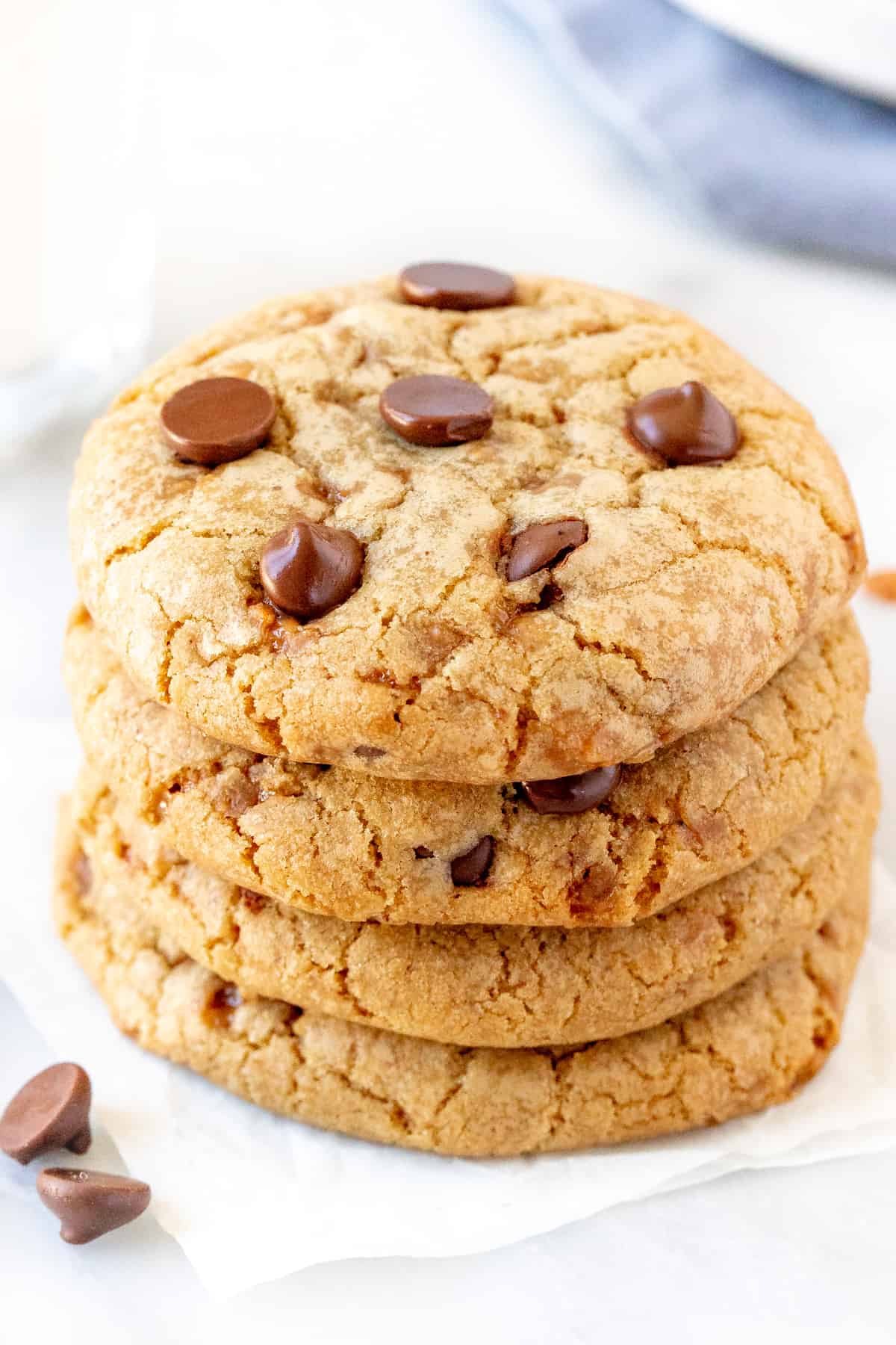 Stack of brown butter toffee chocolate chip cookies