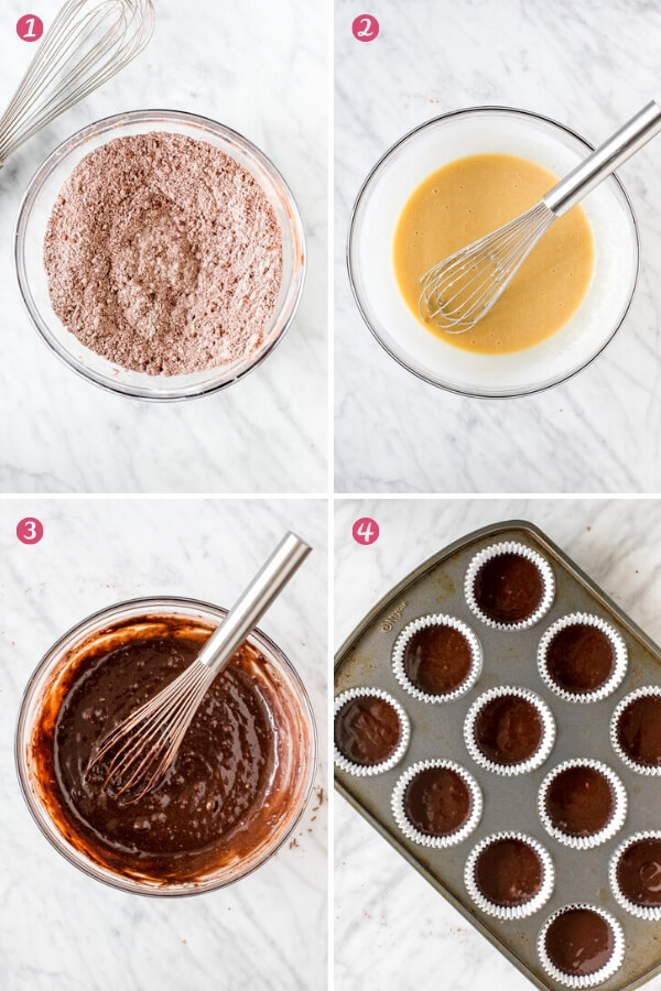 4 step by step photos of how to make chocolate cupcakes