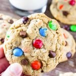 Monster Cookies are filled with peanut butter, chocolate chips, oatmeal and M&Ms. This recipe yields cookies that are soft, chewy, full of texture and completely ginormous.