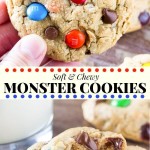 Monster Cookies are filled with peanut butter, chocolate chips, oatmeal and M&Ms. This recipe yields cookies that are soft, chewy, full of texture and completely ginormous. Packed with flavor and extra thick - everyone loves this easy monster cookie recipe. #monstercookies #cookies #oatmeal #peanutbutter #chocolatechip #recipes #easy #kids