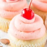 Cherry Almond Cupcakes. Fluffy, moist, super soft almond cupcakes topped with maraschino cherry frosting. www.justsotasty.com