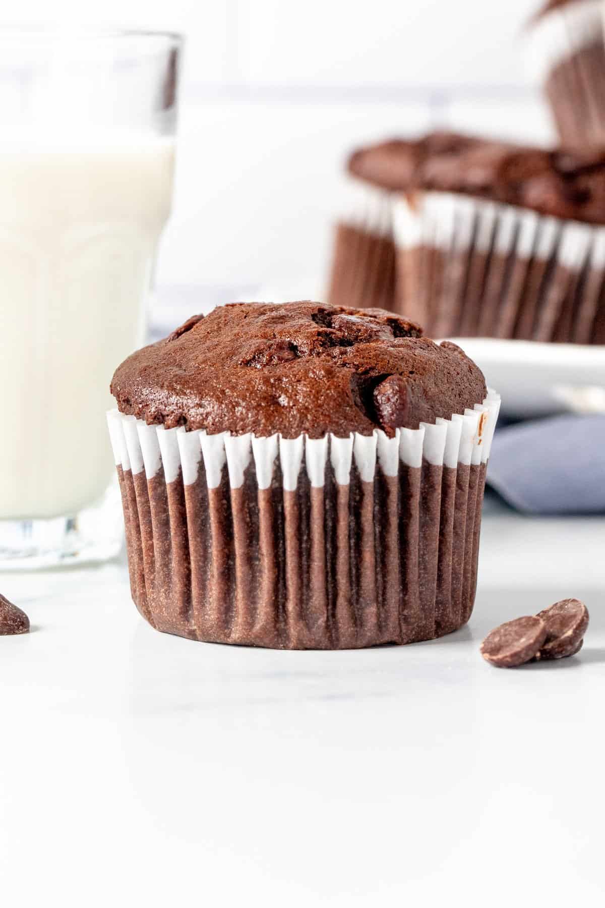 Chocolate banana muffin with glass of milk and plate of muffins