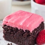 Chocolate Cake with Raspberry Frosting. This rich, super fudgy chocolate cake has a deep chocolate flavor. Then it's topped with fresh raspberry buttercream so it's perfect for Valentine's! www.justsotasty.com