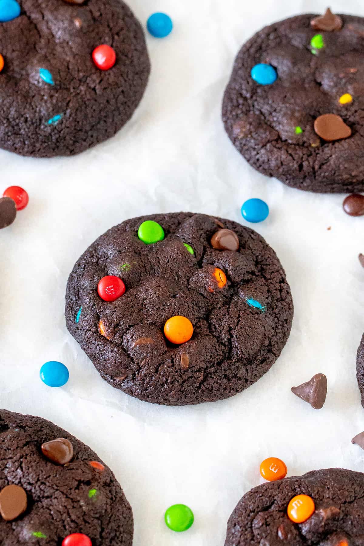 Big, chocolate M&M cookies made with mini M&Ms