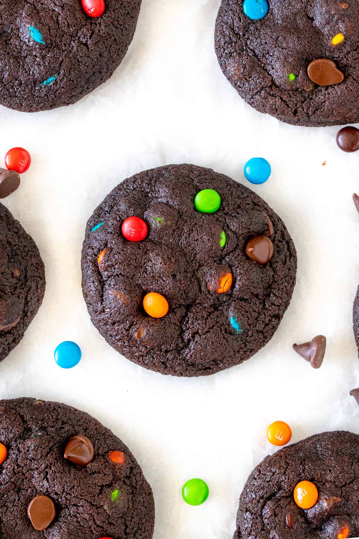 Chocolate cookies with M&Ms and chocolate chips