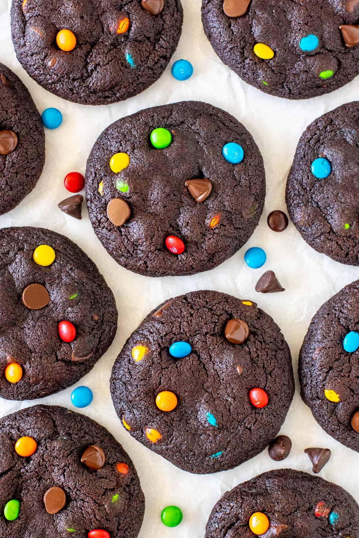 Double chocolate M&M cookies on baking paper