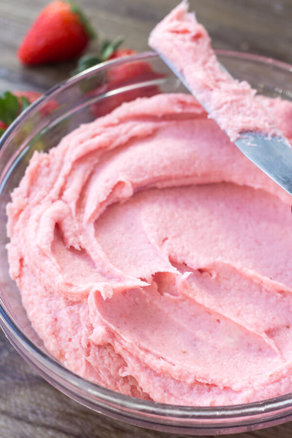 Strawberry Buttercream Frosting.Learn how to make strawberry buttercream frosting from fresh strawberries. It's delicious on vanilla or chocolate cupcakes, and so perfect for spring! www.justsotasty.com