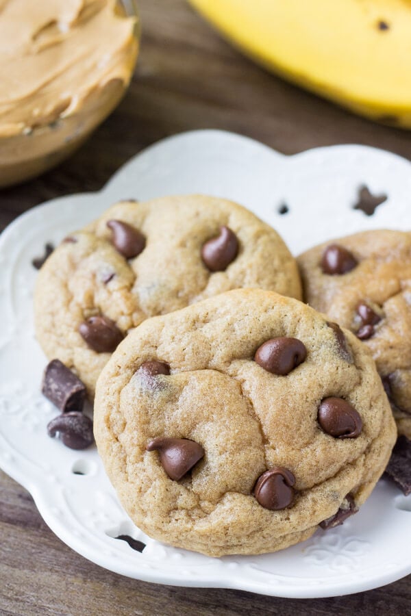 Peanut Butter Banana Chocolate Chip Cookies. Soft, chewy, a little bit gooey & packed with flavor. www.justsotasty.com