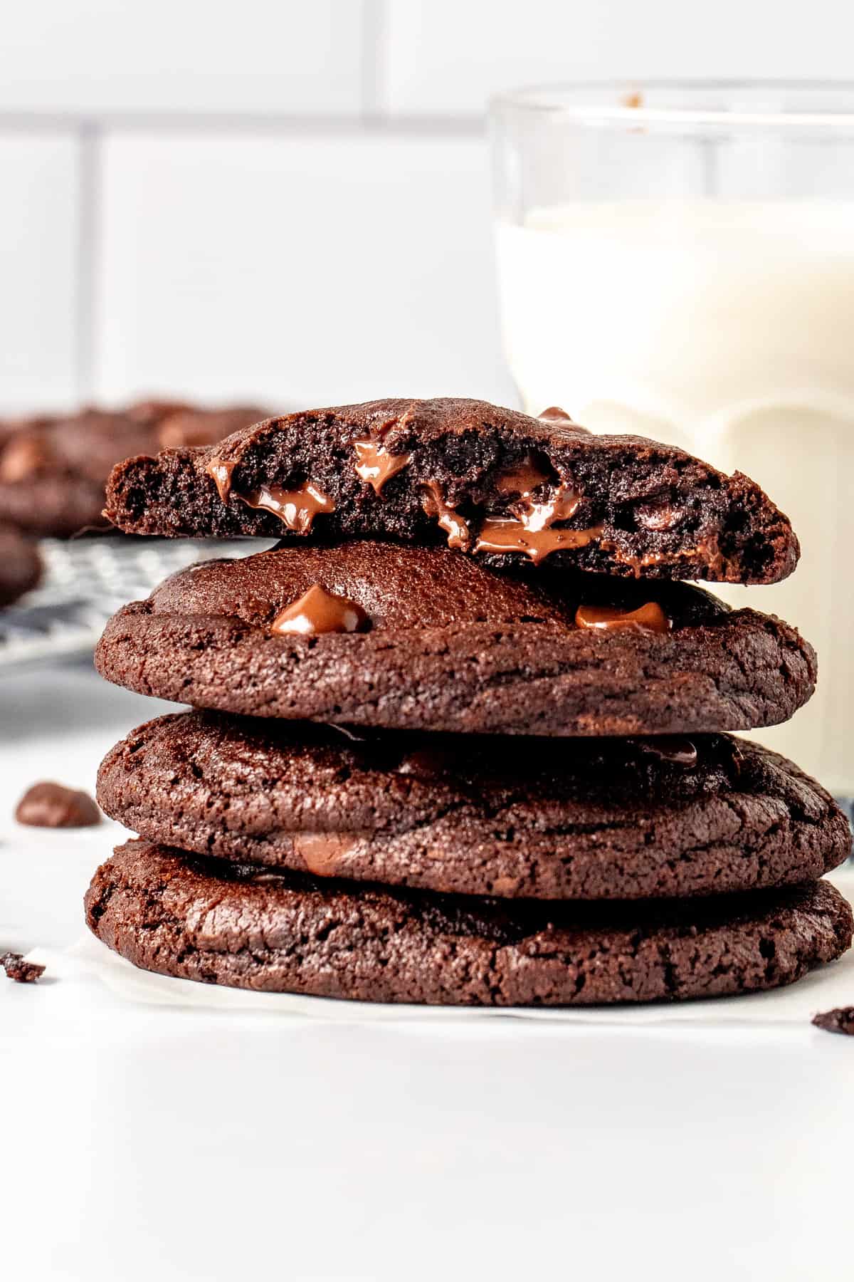 Stack of bakery-style double chocolate chip cookies