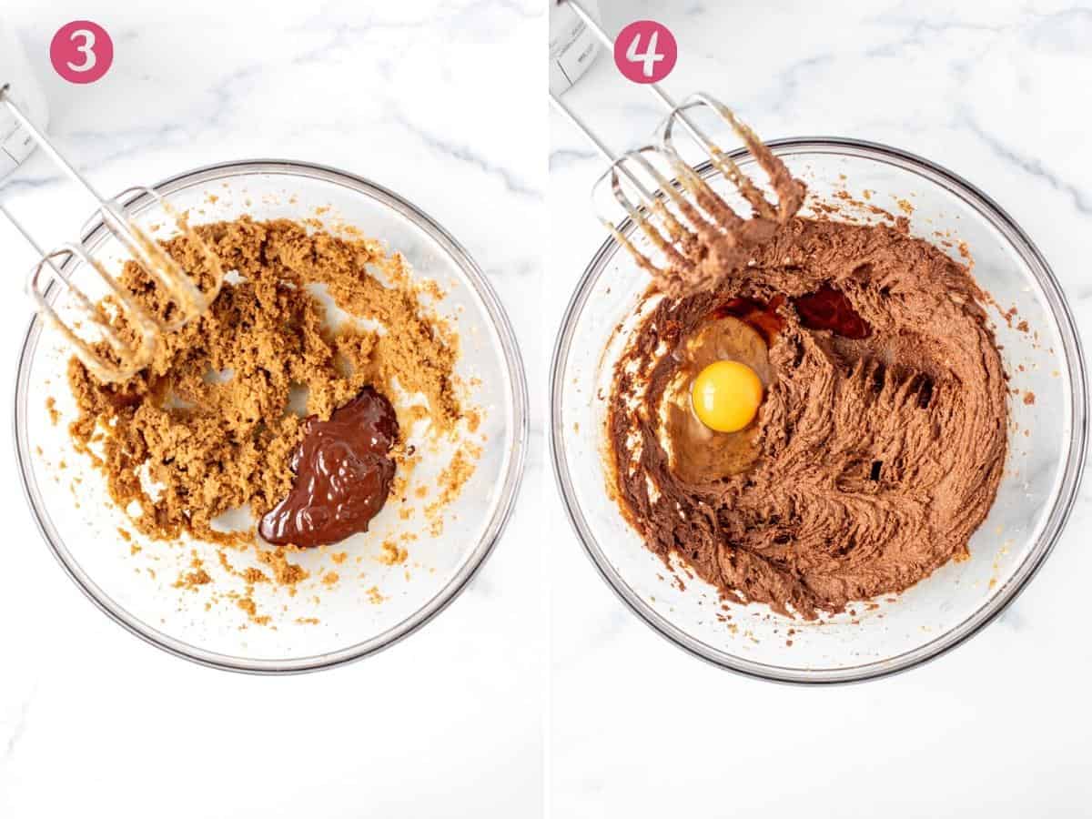 Bowl of creamed butter and sugar with melted chocolate, and bowl of butter, sugar and chocolate mixture with egg.