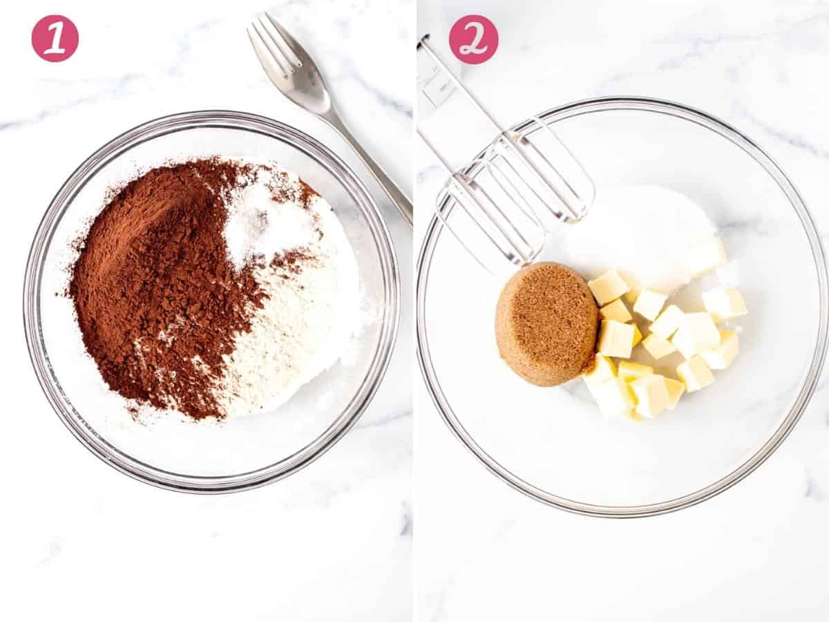 Bowl of flour and cocoa powder and bowl of butter and sugars. 