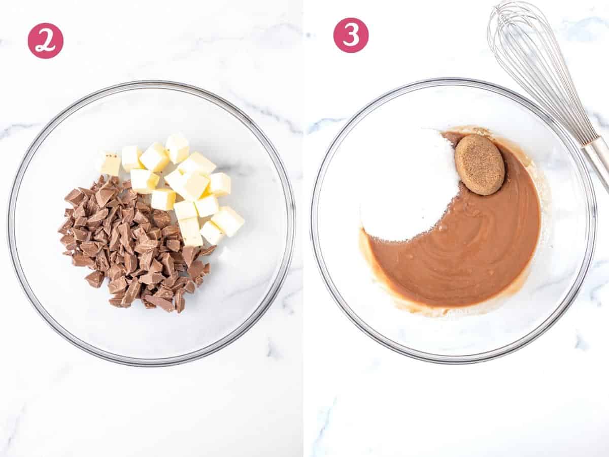 Bowl of chopped chocolate and butter and a bowl of melted chocolate with sugars.