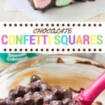 Chocolate confetti squares are a super easy, retro dessert with only 4 ingredients. They're soft and chewy with a delicious hint of peanut butter and sweet, fluffy marshmallow texture.