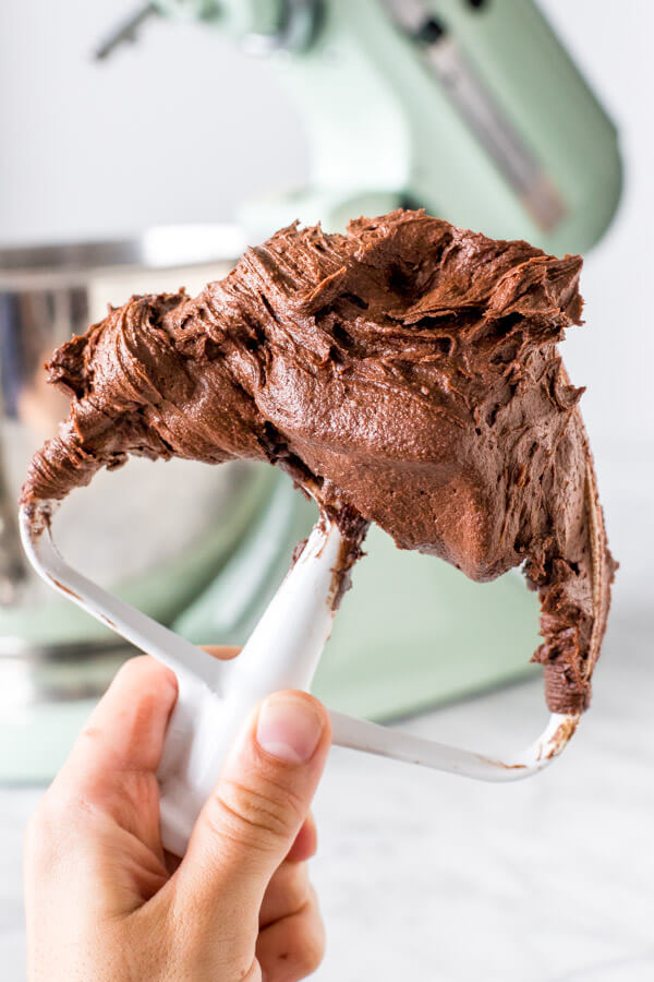 Paddle attachment of mixer with chocolate frosting. 