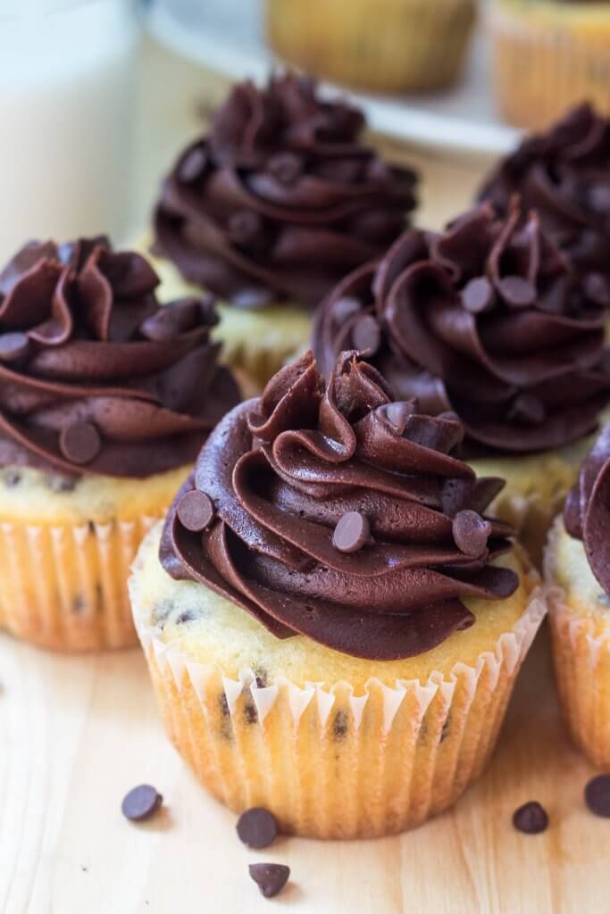 Fluffy, moist vanilla cupcakes filled with mini chocolate chips, then topped with creamy chocolate buttercream. These chocolate chip cupcakes with chocolate frosting are the perfect combo of vanilla & chocolate!